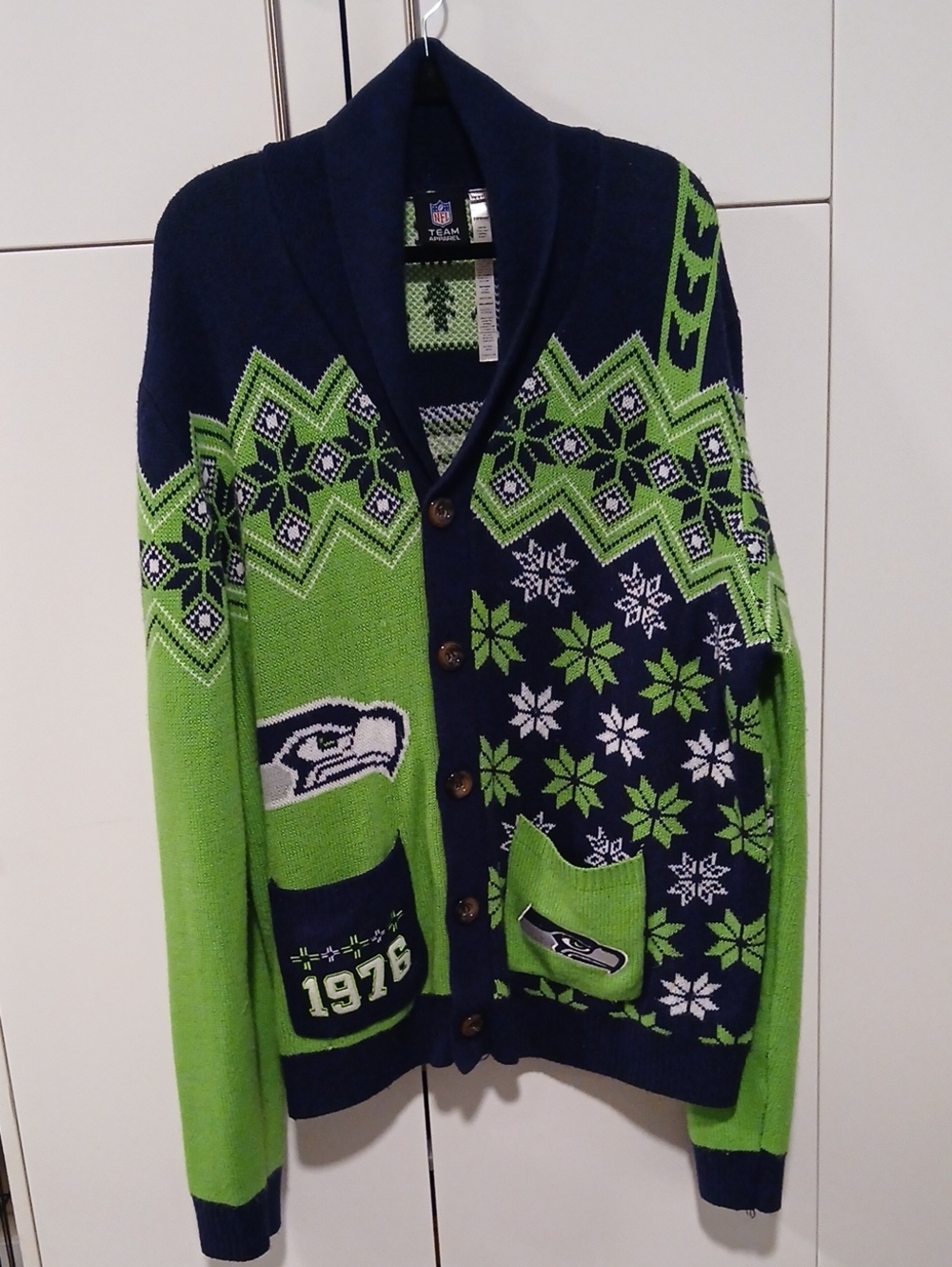 NFL Seattle Seahawks Navy & Green Shawl Collar Cardigan Sweater